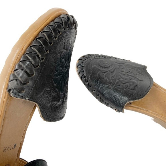 D’Lolos Mexican Black Tooled Leather Huarache Sandals Size 9 - Picture 8 of 12